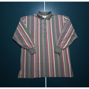Vintage Rugby Long Sleeve Shirt Vertical Stripe Mens Medium Pink Tan Retro 90s